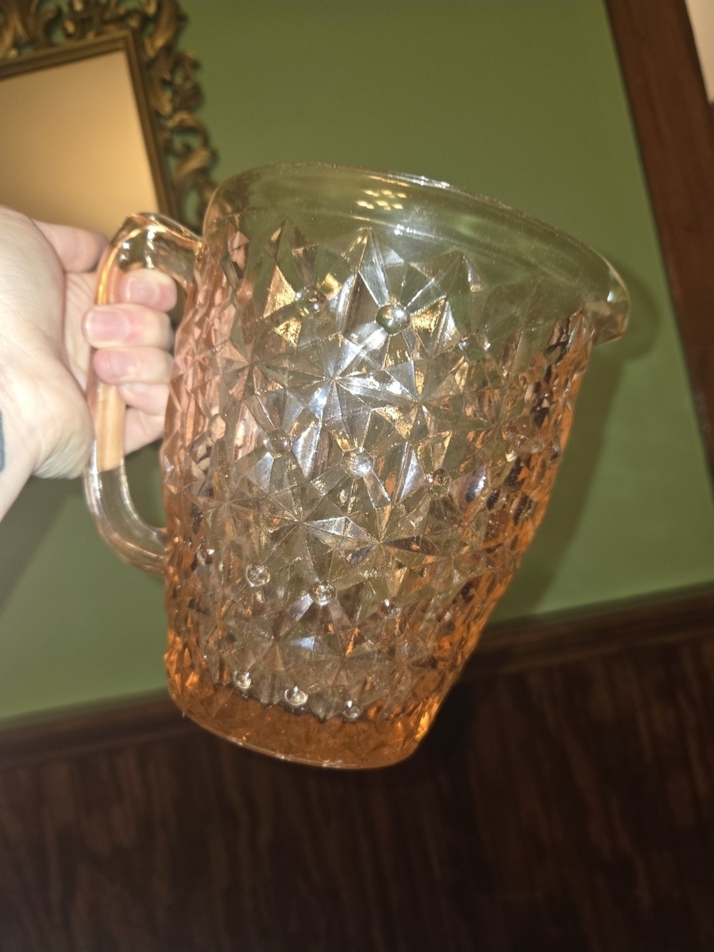 Pressed Glass Diamond-Pattern Pitcher in Peach Amber